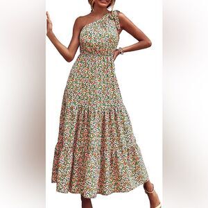 Pretty Garden Blue Pink Floral Tiered One Shoulder Tie Strap Bow Midi Dress XL